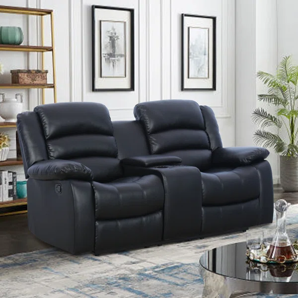 Emryn 71.7” Wide Modern and Overstuffed Breathable Vegan Leather Manual Reclining Loveseat Sofa with Cup Holder and Storage